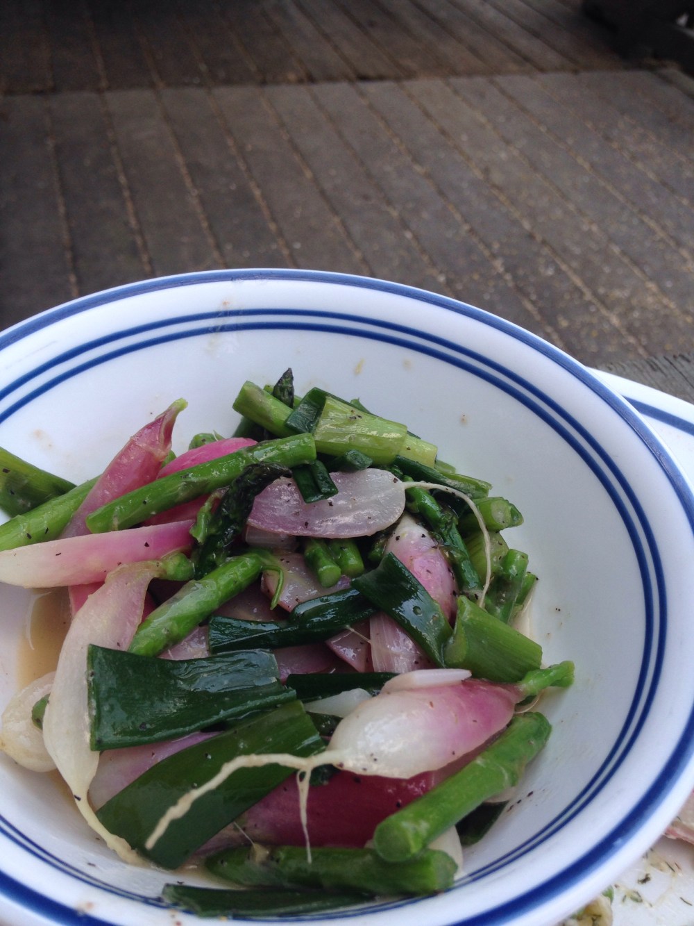Butter braised french breakfast radish, asparagus & scallion