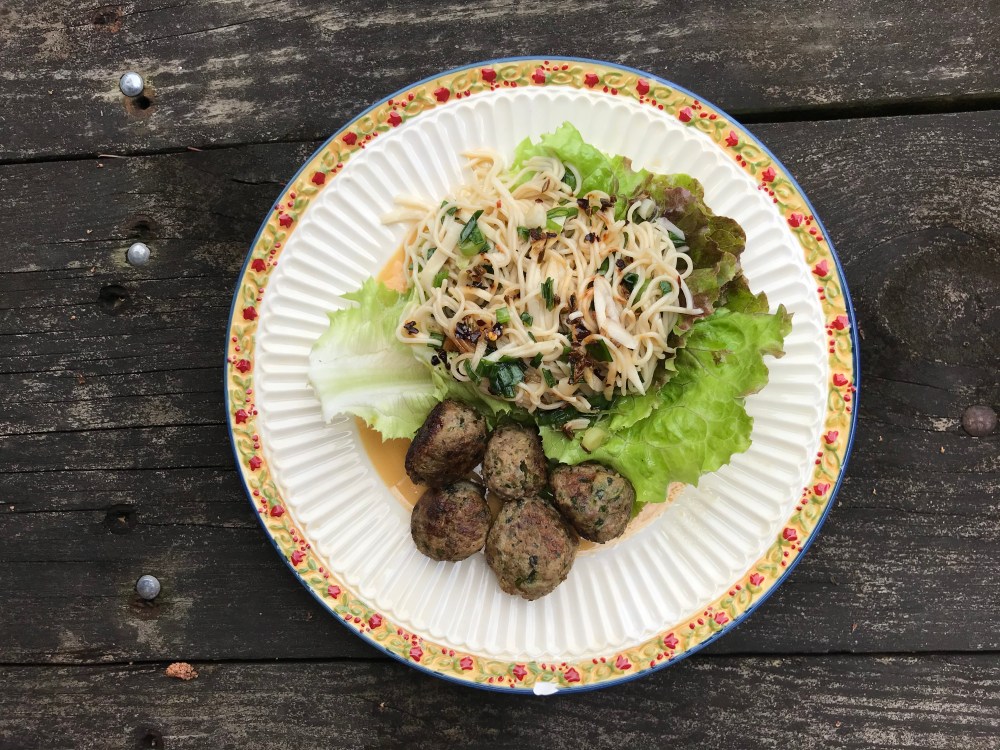 CSA3- Noodle Lettuce Wraps with Pork Meatballs & Crunchy Garlic Chile OIl